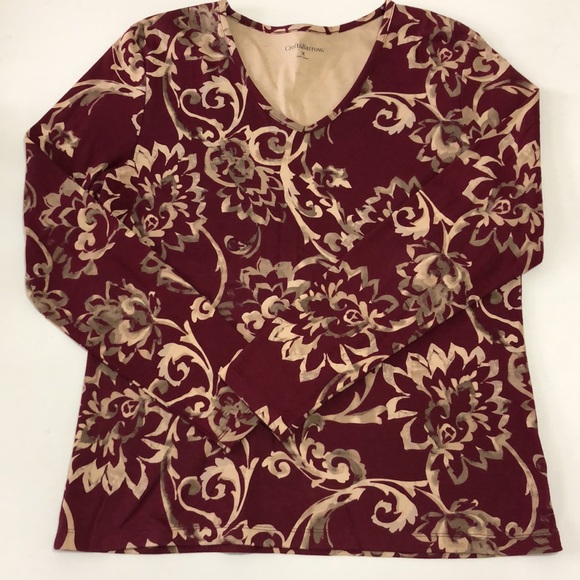 croft & barrow Tops - Maroon with tan design long sleeve vneck top Medium